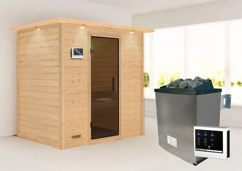 Sauna "Holmger" SET AKTION mit graphitfarbener Tür, Kranz & Ofen externe Steuerung easy 9 KW - 224 x 160 x 202 cm (B x T x H)
