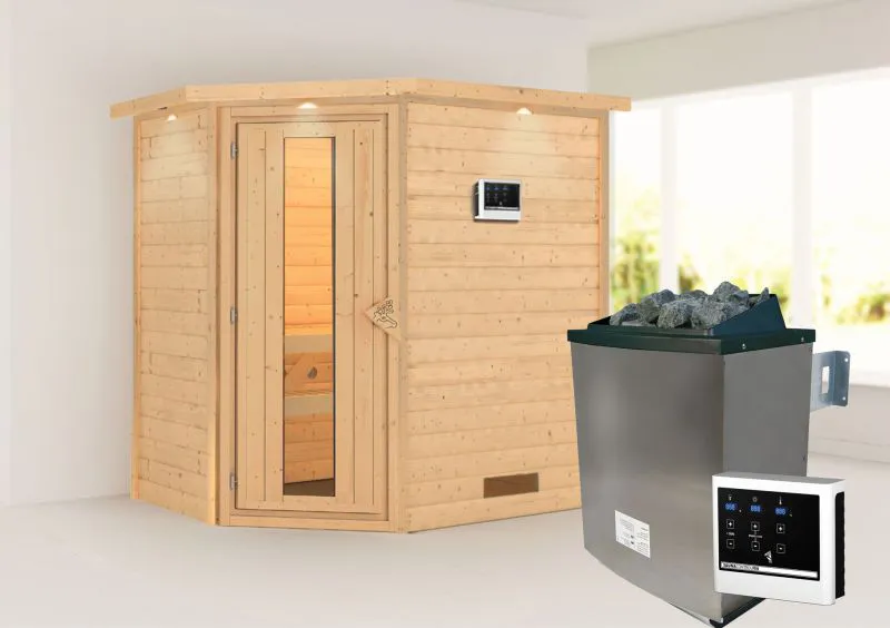 Sauna "Jannik" SET AKTION mit Energiespartür, Kranz & Ofen externe Steuerung easy 9 KW - 224 x 160 x 202 cm (B x T x H)