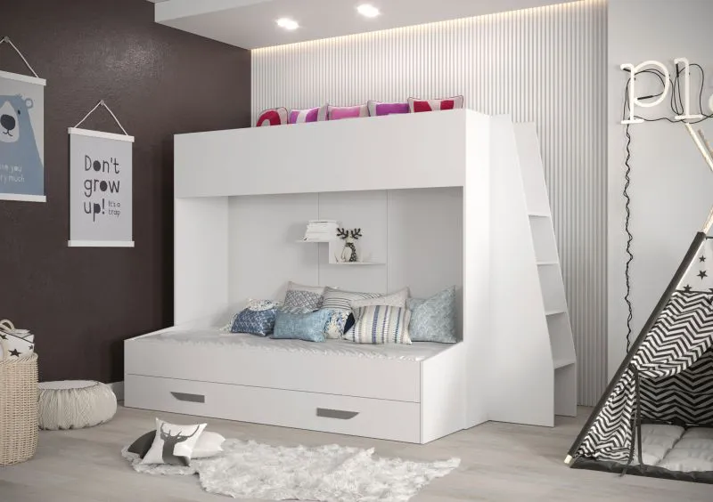 Etagenbett / Kinderbett / Funktionsbett-Kombination mit Treppe, Bettschublade und Wandregal, Jura 50, Weiß / Grau - Liegefläche: 90 x 200 cm / 90 x 185 cm