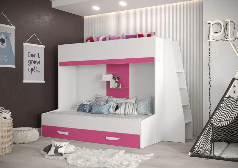 Etagenbett / Kinderbett / Funktionsbett-Kombination Jura 44 mit Treppe, Bettschublade und Wandregal, Weiß/Pink - Liegefläche: 90 x 200 cm / 90 x 185 cm