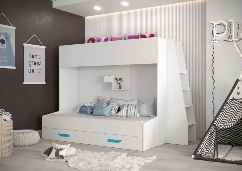 Etagenbett / Kinderbett / Funktionsbett-Kombination mit Treppe, Bettschublade und Wandregal, Jura 48, Weiß / Türkis - Liegefläche: 90 x 200 cm / 90 x 185 cm