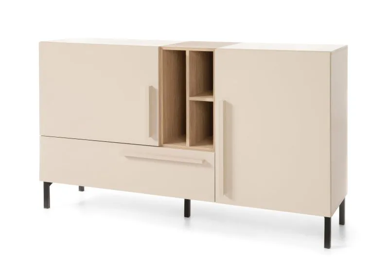 Kommode Authie 06, Beige / Eiche hell, 90 x 155 x 40 cm, mit 1 Schublade und 7 Fächern, ABS-Kanten, hochwertig verarbeitet, stabil und qualitativ hochwertig