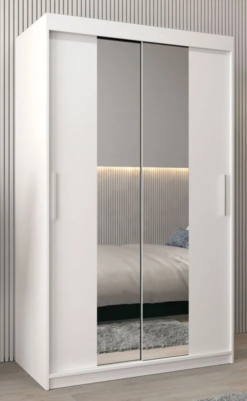 120 cm breiter Schiebetürenschrank mit 2 Türen | 5 Fächer | 2 Kleiderstangen | Farbe: Weiß Abbildung