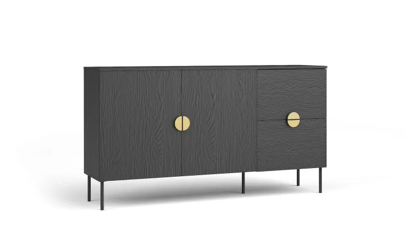 Kommode mit zwei Schubladen Amfipoli 02, Sideboard, zwei Türen, Farbe: Schwarz mit Holzstruktur, Soft-Close-Funktion, Maße: 87,5 x 160 x 40 cm, zwei Fächer