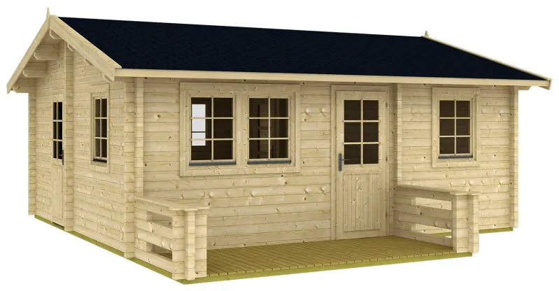 Gartenhaus 6,45 x 5,74 Meter (inkl. Dach) | 5 Fenster | 70 mm Blockbohlen |natur unbehandelt | Satteldach | inkl. Fußboden | aus nordischer Fichte Abbildung