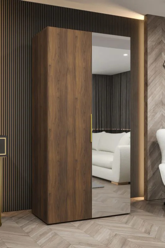 Drehtürenschrank mit einer Kleiderstange | Farbe: Walnuss | ein Fach | 1 Meter breit | Griffe: Gold | Soft-Close-Funktion | eine Spiegeltür