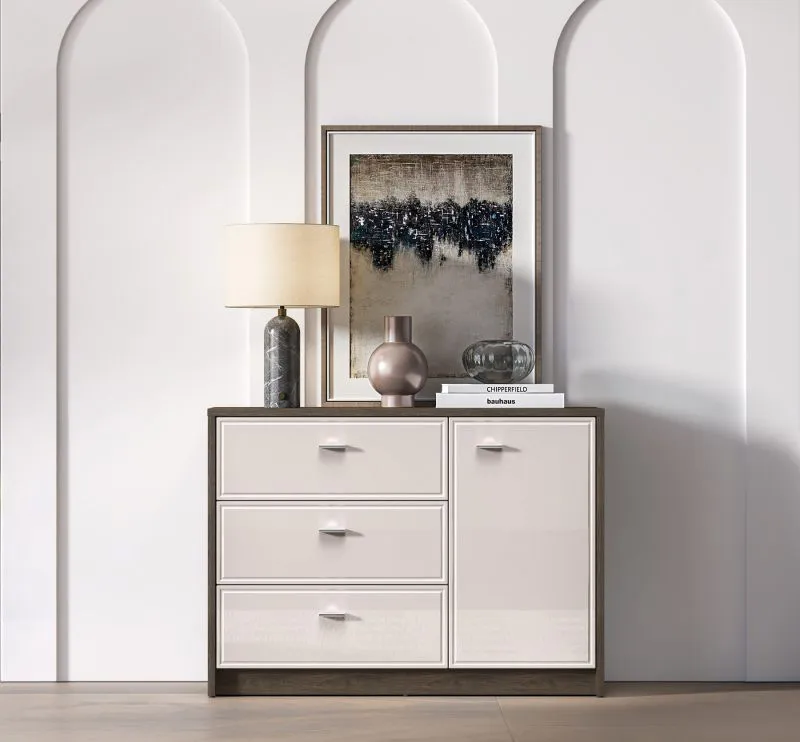 Kommode / Sideboard Mackenzie 05 | Farbe: Eiche Dunin / Kaschmir Hochglanz | Maße: 117 x 40 x 85 cm | Griffe: Metall | 1 Tür | 3 Schubladen | Soft-Close