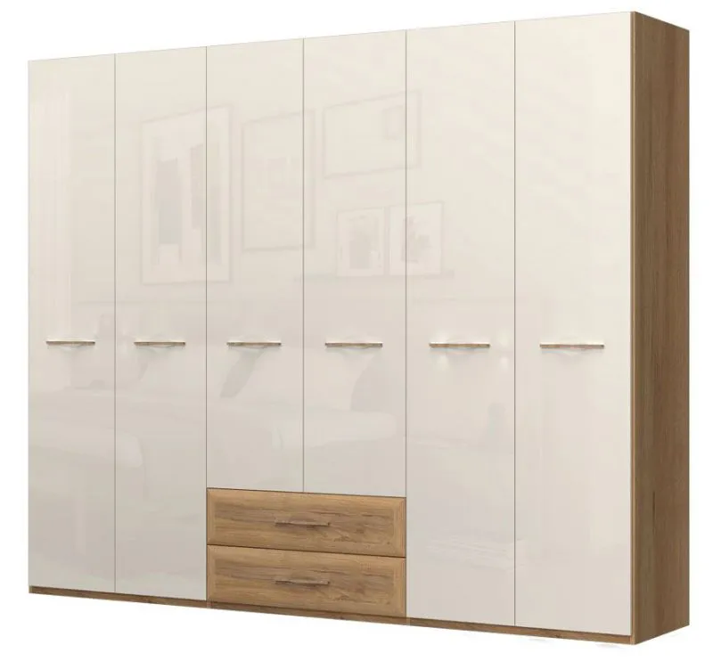 272 cm breiter Kleiderschrank mit 6 Türen, 7 Fächern und 2 Schubladen | Farbe: Beige | Tiefe: 56 cm Abbildung