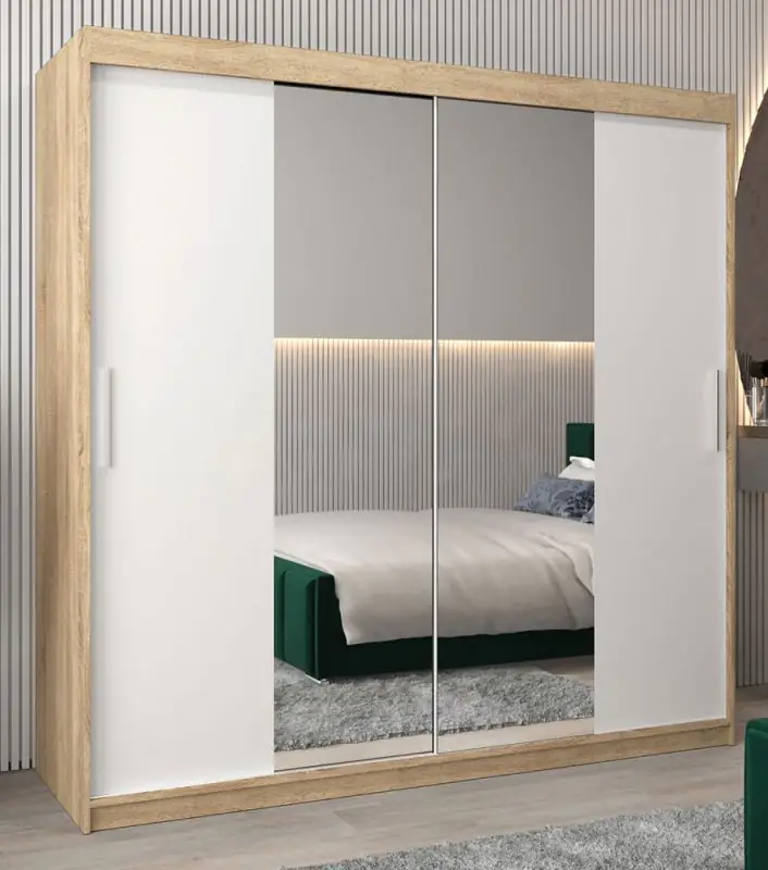 Schiebetürenschrank / Kleiderschrank Bisaurin 5B mit Spiegel, Farbe: Eiche Sonoma / Weiß matt - Abmessungen: 200 x 200 x 62 cm ( H x B x T)