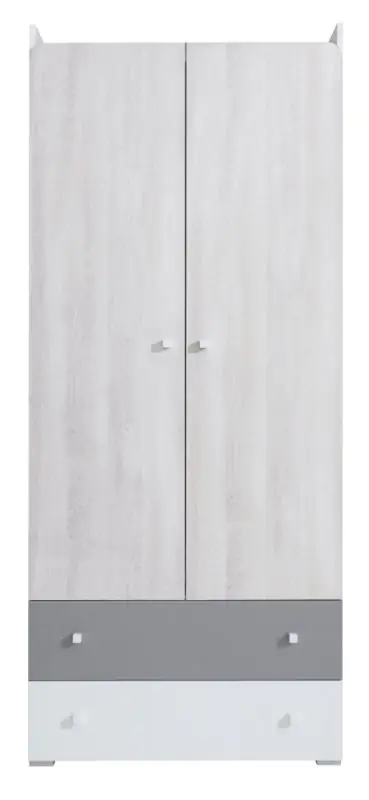 Jugendzimmer - Drehtürenschrank / Kleiderschrank Floreffe 03, Farbe: Weiß / Eiche weiß / Grau - Abmessungen: 190 x 80 x 50 cm (H x B x T)