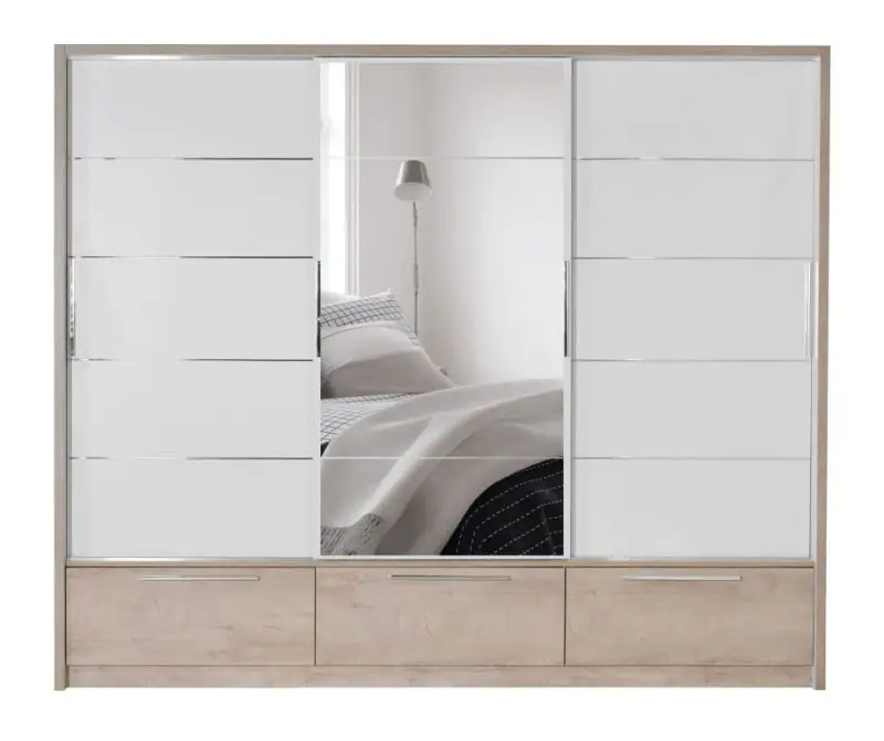 269 cm breiter Kleiderschrank mit 3 Türen, 6 Fächern und 3 Schubladen | Farbe: Eiche / Weiß | Tiefe: 64 cm Abbildung