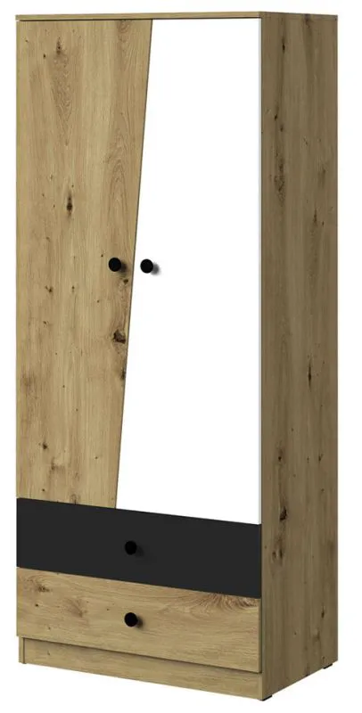 Schmaler 80 cm breiter Kleiderschrank mit 2 Türen, 4 Fächern und 2 Schubladen | Farbe: Eiche | Tiefe: 50 cm Abbildung