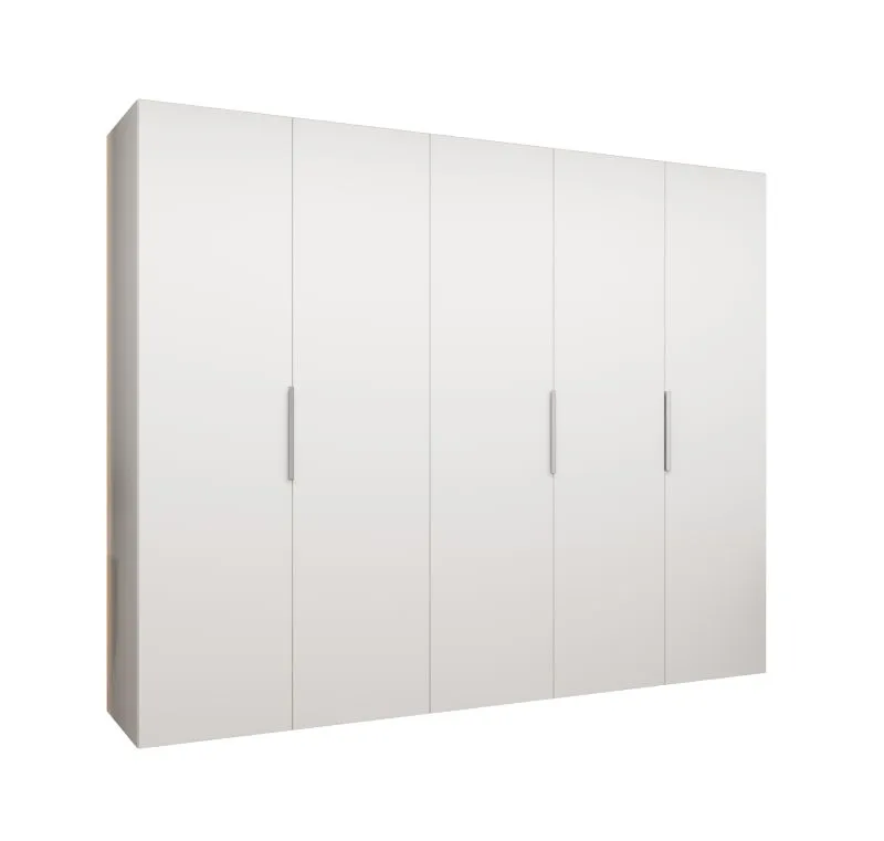 Drehtürenschrank Korab 37, Farbe: Weiß, fünf Türen, Kleiderschrank, Soft-Close-Funktion, drei Fächer, 2,5 Meter breit, Griffe: Kaschmir, drei Kleiderstangen