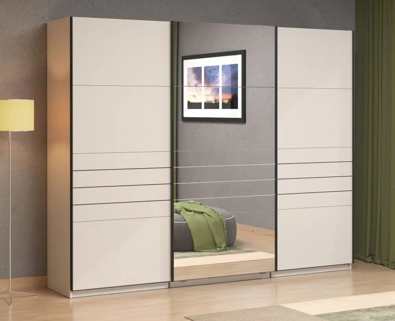 Kleiderschrank | 3-türig | 1 Spiegeltür | Farbe: Kaschmir | 3 Kleiderstangen | Maße: 167 x 61 x 217 cm | Schiebetürenschrank | sehr breit | 3 Fächer