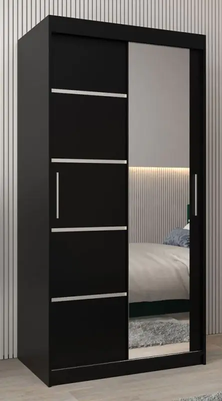 Schiebetürenschrank / Kleiderschrank Jan 01B mit Spiegel, Farbe: Schwarz - Abmessungen: 200 x 100 x 62 cm ( H x B x T)