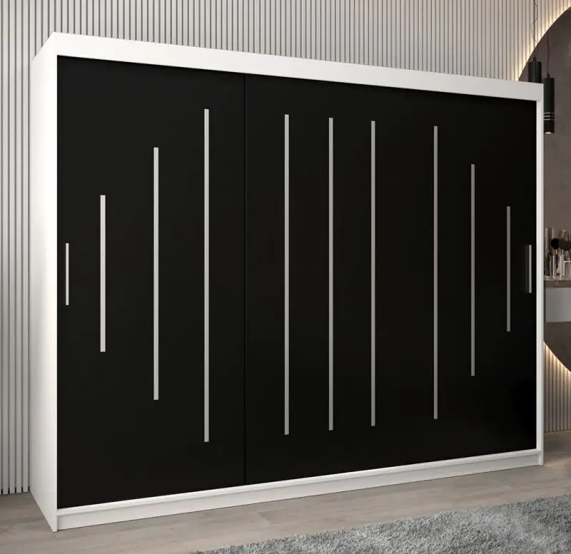 250 cm breiter Kleiderschrank mit 3 Türen | 10 Fächer | Farbe: Weiß / Schwarz Abbildung