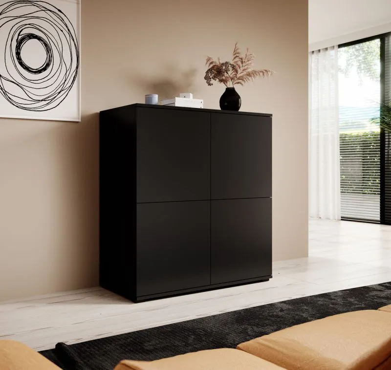 Schwarze Kommode mit vier Türen Zapopan 93, acht Fächer, sehr stabil und langlebig, Push-to-open Funktion, Maße: 102 x 100 x 40 cm, für Wohnzimmer