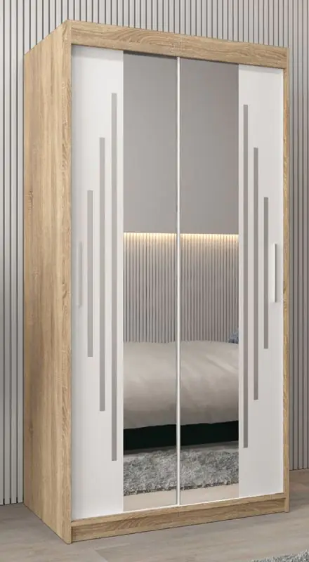 Schiebetürenschrank / Kleiderschrank mit Spiegel Tomlis 01A, Farbe: Eiche Sonoma / Weiß matt - Abmessungen: 200 x 100 x 62 cm (H x B x T)