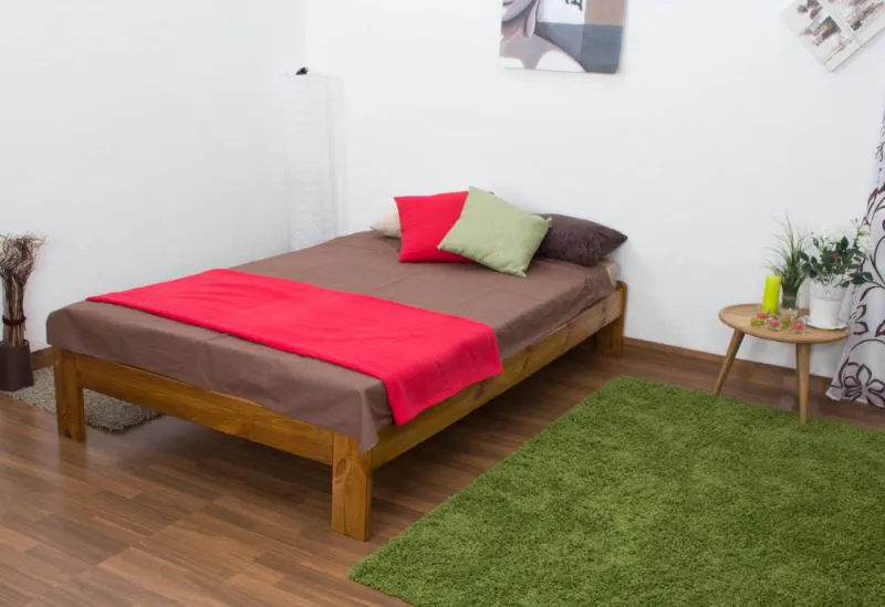 Einzelbett / Gästebett Kiefer Vollholz massiv Eichefarben A10, inkl. Lattenrost - Abmessung 120 x 200 cm