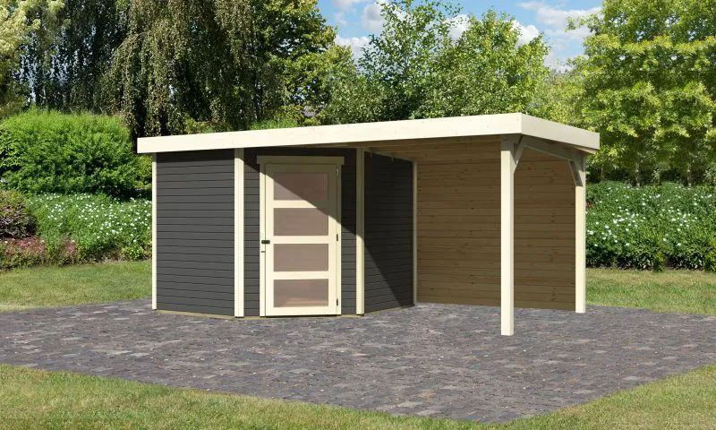 Gartenhaus SET AKTION terragrau mit Anbaudach 2,4 m Breite, Rückwand, Grundfläche: 5,76m²