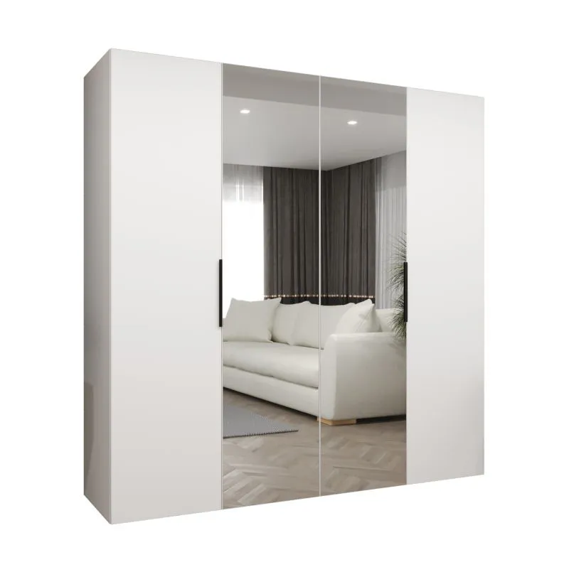 Kleiderschrank / Drehtürenschrank Korab 80, Farbe: Weiß, zwei Spiegeltüren, zwei Kleiderstangen, 2 Meter breit, Griffe: Schwarz, zwei Fächer, Soft-Close-Funktion