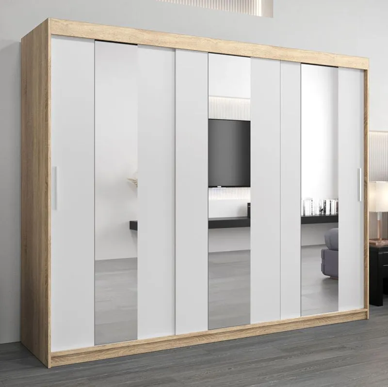 Großer 250 cm breiter Kleiderschrank mit 3 Türen | 10 Fächer | Farbe: Sonoma Eiche / Weiß Abbildung