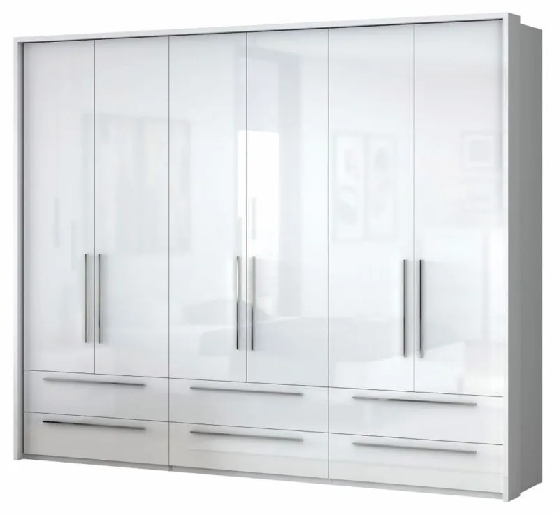 Großer Kleiderschrank | 6 Drehtüren | 6 Schubladen | 3 Fächer | mit 3 Kleiderstangen | 277 cm breit | Farbe: Weiß Abbildung