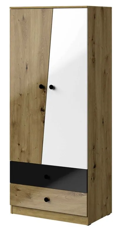 80 cm breiter Kleiderschrank mit 2 Türen, 4 Fächern und 2 Schubladen | Farbe: Eiche | Tiefe: 50 cm Abbildung