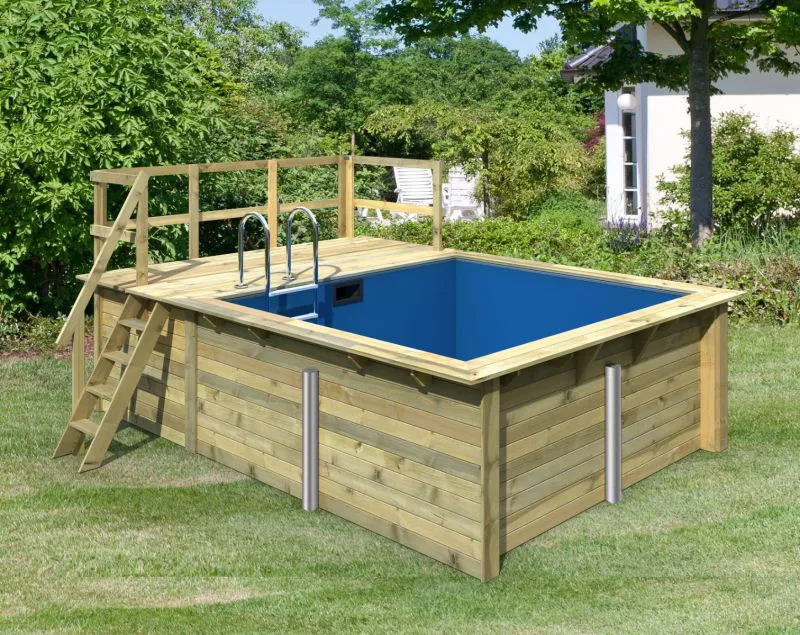 Holz Pool 1 SET rechteckig, Farbe: Natur KDI, Ø 476 cm, inkl. Filterpaket, Leitern & Terrasse