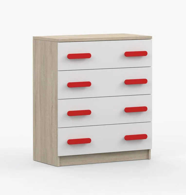 80 cm breite Kommode | Weiß / Sonoma Eiche | Smolikas 05 | 4 Schubladen | rote Holzgriffe | 90 x 80 x 40 cm | Kinder | Jugend