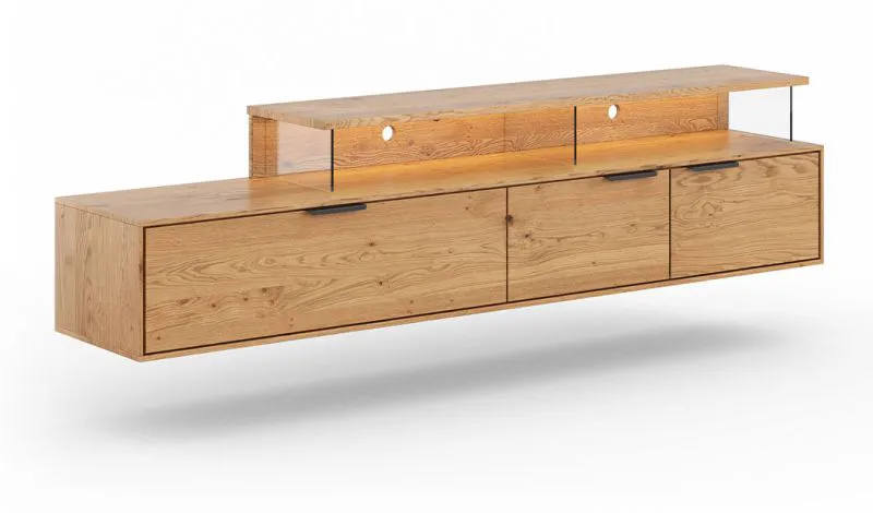 TV-Unterschrank, Hängeschrank Rania 04 für TV, 52 x 200 x 39 cm, aus geöltem Massivholz, in Eiche Natur, inkl. LED-Beleuchtung