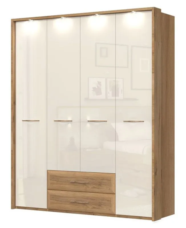 182 cm breiter Kleiderschrank mit 4 Türen, 7 Fächern und 2 Schubladen | Farbe: Beige | Tiefe: 56 cm Abbildung