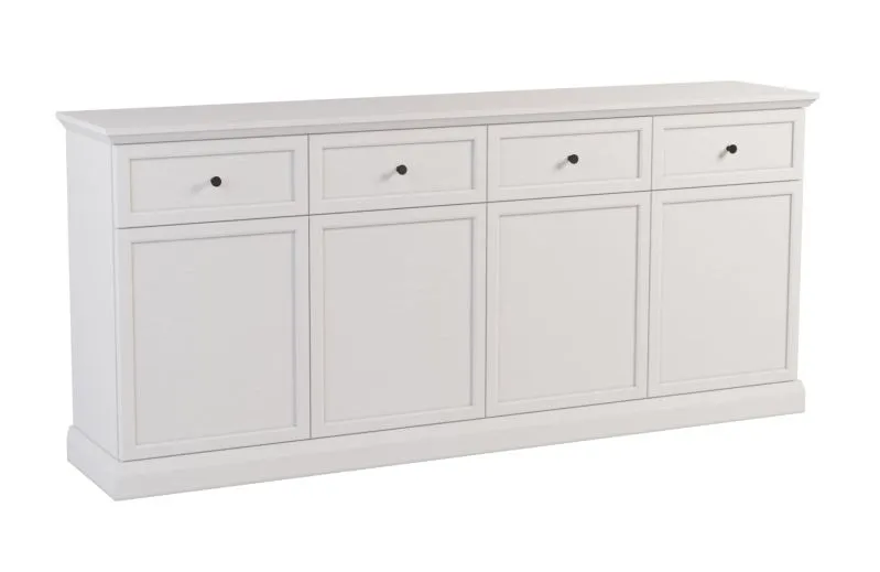 Breite Kommode mit viel Stauraum Torsakala 03 in Weiß Opal, 86 x 193 x 40 cm, 4 Türen, 4 Schubladen, 4 Einlegeböden, 8 Fächer, ABS Kantenschutz