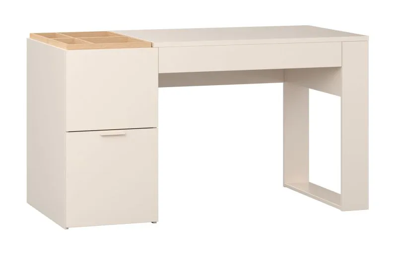 Schreibtisch mit zwei Schubladen | Farbe: Beige | inkl. Praktische Organizer | Maße: 142 x 63,5 x 79 cm | Griffe: Beige | Soft-Close-Funktion | für Büro