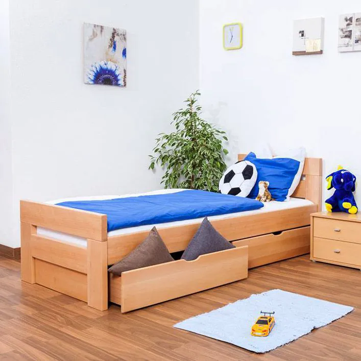 Bettrahmen für Kinder / Kinderbett 90 x 200 cm | Massivholz: Buche | Natur Lackiert | inkl. 2 Schubladen und Lattenrost | besonders hohe Qualität Abbildung