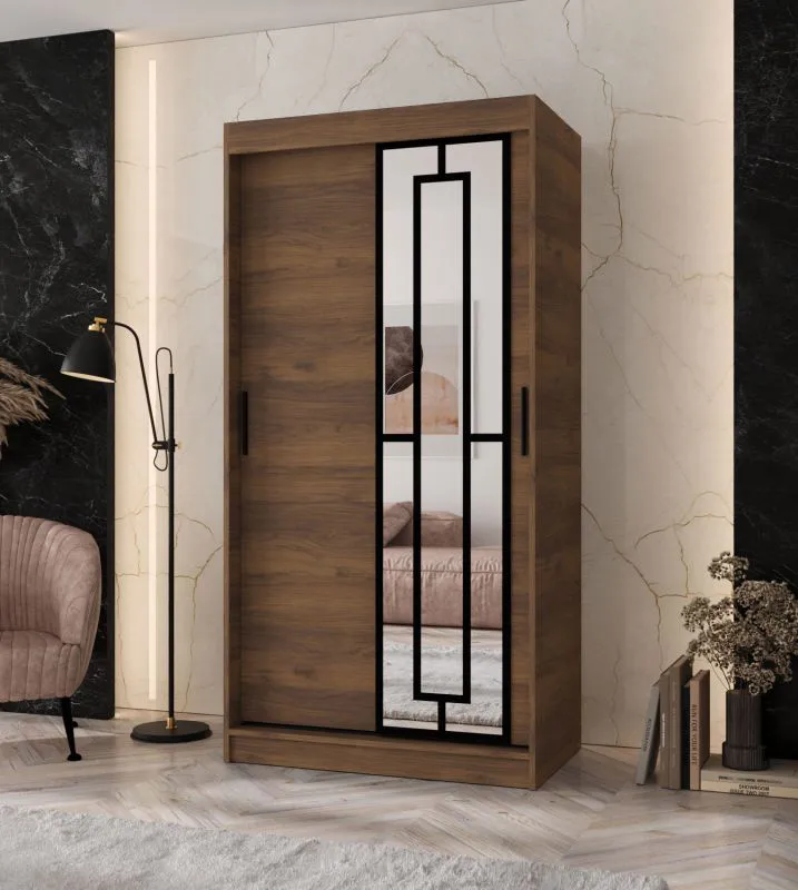 Schiebetürenschrank / Kleiderschrank | Farbe: Walnuss Warmia | 5 Fächer | 2 Kleiderstangen | schmal | 100 x 62 x 200 cm | dekorative Spiegeltür | für Schlafzimmer