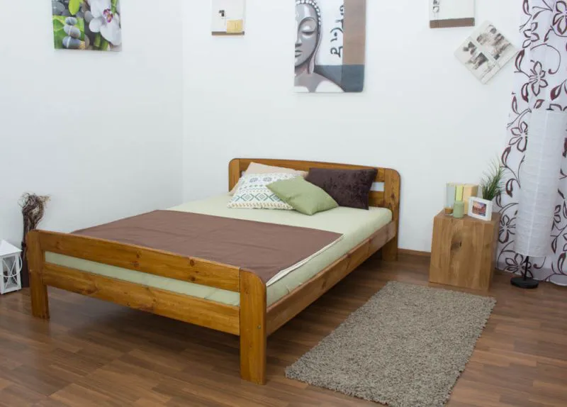 Einzelbett/ Gästebett Kiefer Vollholz massiv Eichefarben A6, inkl. Lattenrost - Abmessung 140 x 200 cm