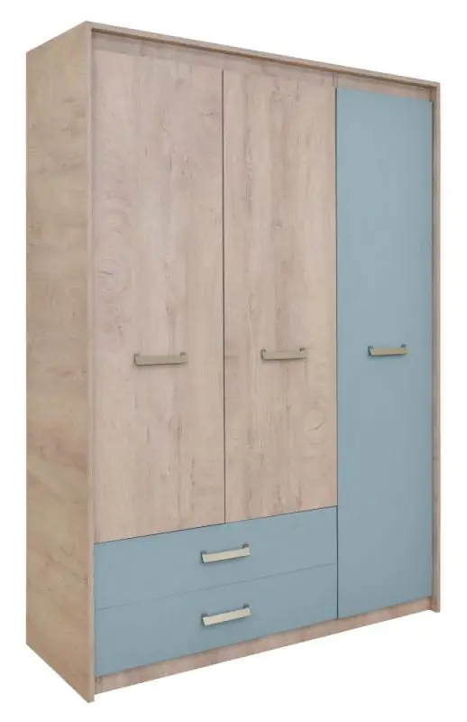Kinderzimmer - Drehtürenschrank / Kleiderschrank Koa 03, Farbe: Eiche / Blau - Abmessungen: 203 x 142 x 52 cm (H x B x T)