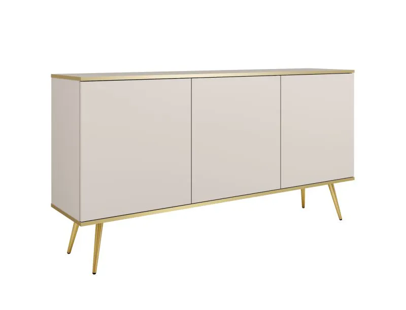 Kommode mit sechs Fächer Horsham 58, Farbe: Beige, drei Holzeinlegeböden, Push-to-open Funktion, drei Türen, Beine: Gold, für Wohnzimmer