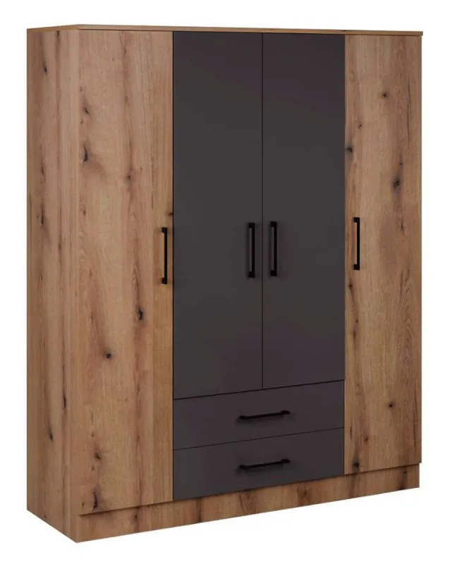 164 cm breiter Kleiderschrank mit 4 Türen, 11 Fächern und 2 Schubladen | Farbe: Grau / Eiche | Tiefe: 53 cm Abbildung