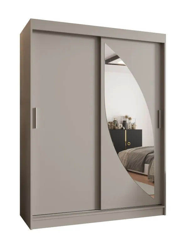 Kleiderschrank / Schiebetürenschrank Jorasses 12, Farbe: Kaschmir, Aluminiumschienen, fünf Fächer, 1,5 Meter breit, eine Spiegeltür, zwei Kleiderstangen
