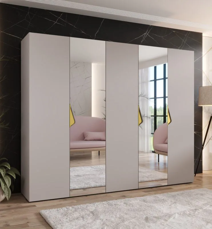 Kleiderschrank | 2 Spiegeltüren | Farbe: Kaschmir | 2,5 Meter breit | 3 Fächer | Griffe: Gold | 3 Kleiderstangen | Maße: 250 x 52 x 202 cm | Soft-Close