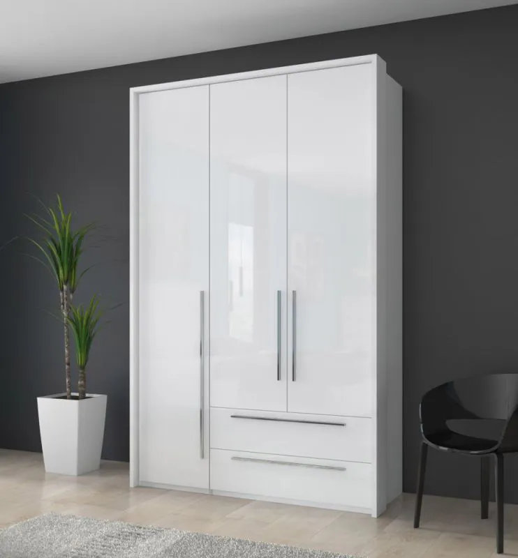 Kleiderschrank | 3 Drehtüren | 2 Schubladen | 4 Fächer | mit 2 Kleiderstangen | 142 cm breit | Farbe: Weiß Abbildung