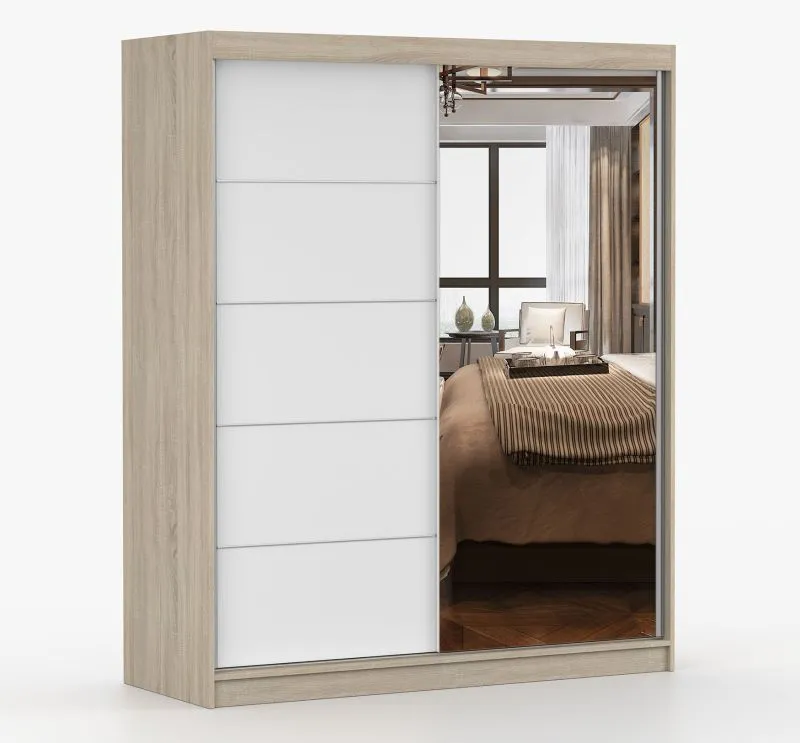 1,6 Meter breiter Kleiderschrank / Schiebetürenschrank mit Spiegel | Eiche / Weiß | Galtee 02 | 195 x 160 x 61 cm | 2 Türen | 6 Fächer |  Holzoptik