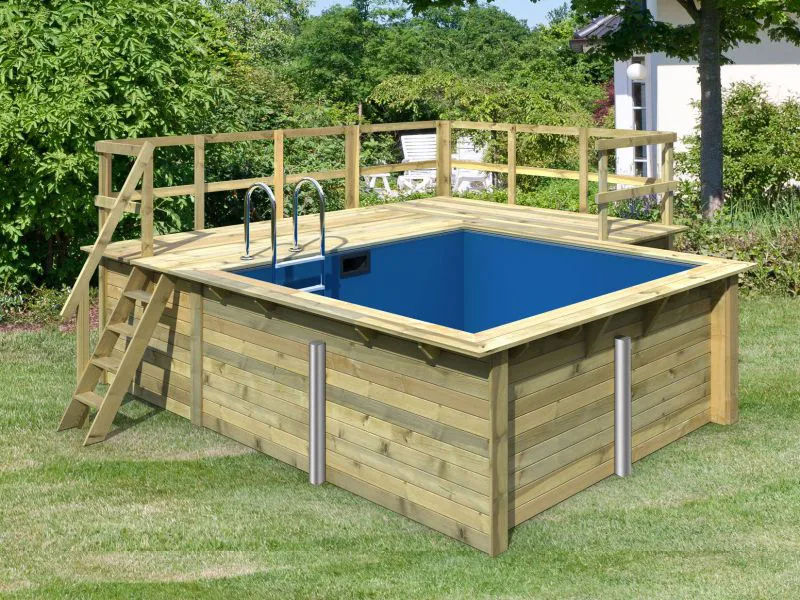 Holz Pool 1 SET rechteckig, Farbe: Natur KDI, Ø 476 cm, inkl. Filterpaket, Leitern & Terrasse 2-teilig