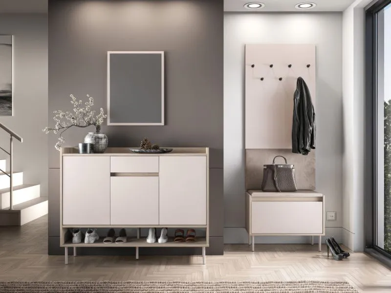Garderobe Komplett Set | Farbe: Eiche Cremona / Kaschmir | Soft-Close | inkl. Samtpolster | Kommode | Spiegel | Schuhschrank | Garderobe mit sieben Haken