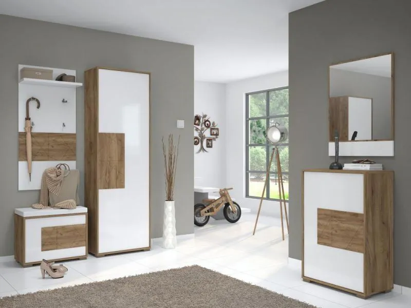 Easy Möbel Garderobe Komplett - Set C Manase, 5-teilig, Farbe: Eiche Braun / Weiß Hochglanz Abbildung