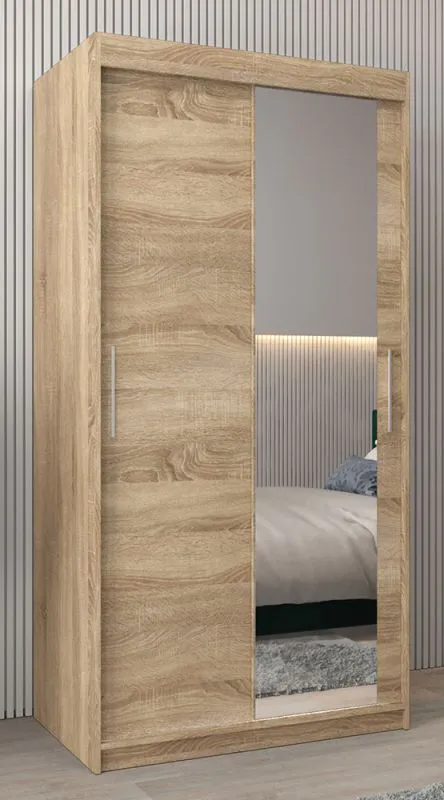 Schiebetürenschrank / Kleiderschrank Bisaurin 1C mit Spiegel, Farbe: Eiche Sonoma - Abmessungen: 200 x 100 x 62 cm ( H x B x T)