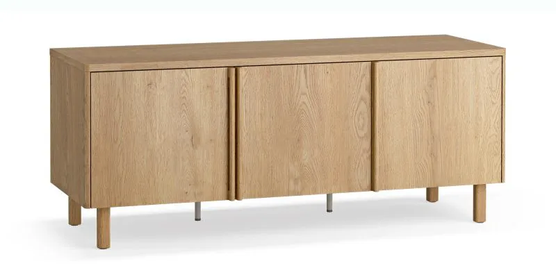 TV-Unterschrank | 3 Drehtüren | 2 Kabeldurchführungen | Farbe: Eiche | 6 Fächer | 138 x 46 x 56 cm | Soft-Close Funktion | ergonomische Eichenholzgriffe | TV-Möbel