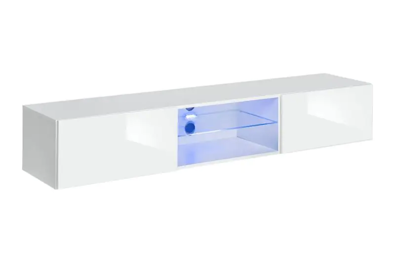 TV-Unterschrank mit blauer LED-Beleuchtung Möllen 17, Farbe: Weiß - Abmessungen: 30 x 180 x 40 cm (H x B x T), mit Push-to-open Funktion